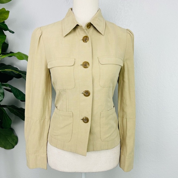 INC International a concept Y2K Light Tan Linen Silk Blend Blazer Button Jacket - Picture 1 of 7